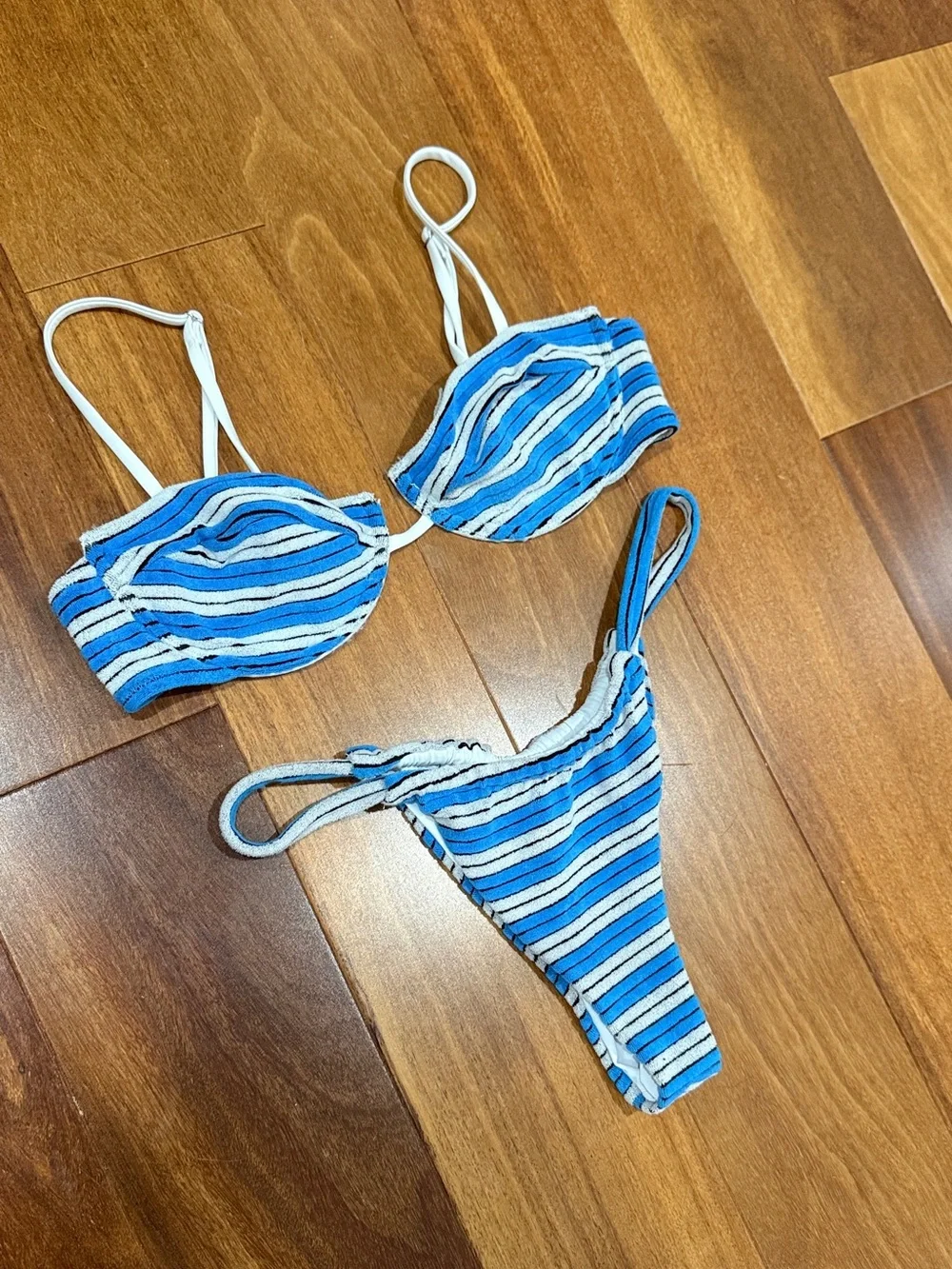 BRIGHT SWIMWEAR HORIZON BLUE TERRY Striped CHEEKY THONG BIKINI towel triangl